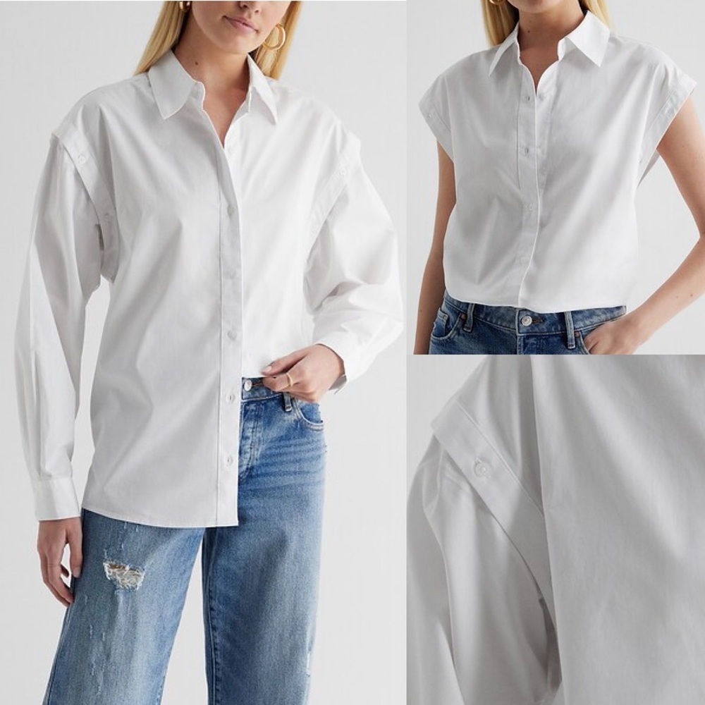 Express white detachable long sleeve poplin cotton button up shirt /vest, 2 in 1